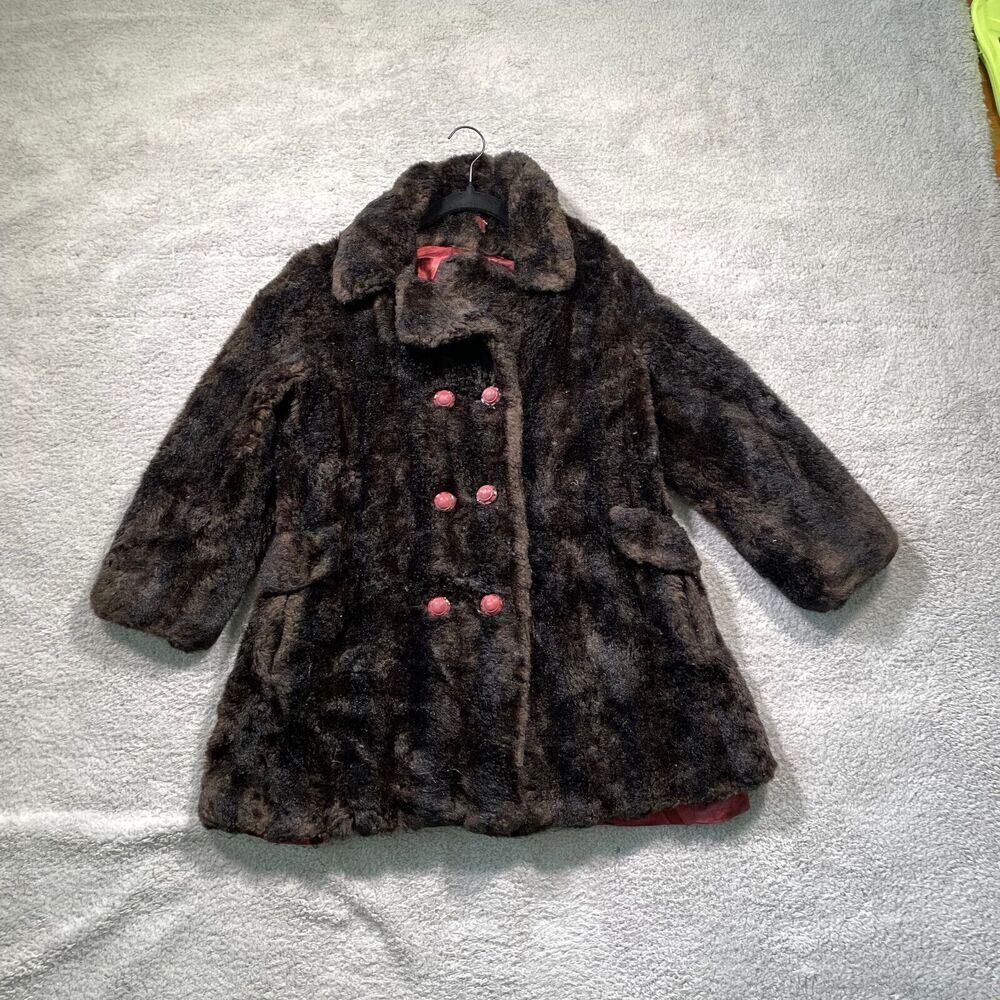 Vintage Faux Fur Coat Women's Tissacel Robert Meshekoff Brown Red Button Small